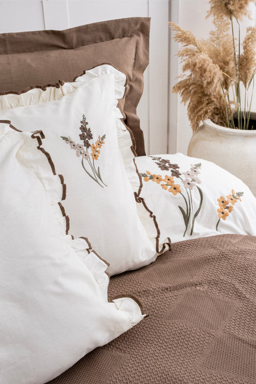EVELINE Cotton Bedding Set with Bedcover / BROWN