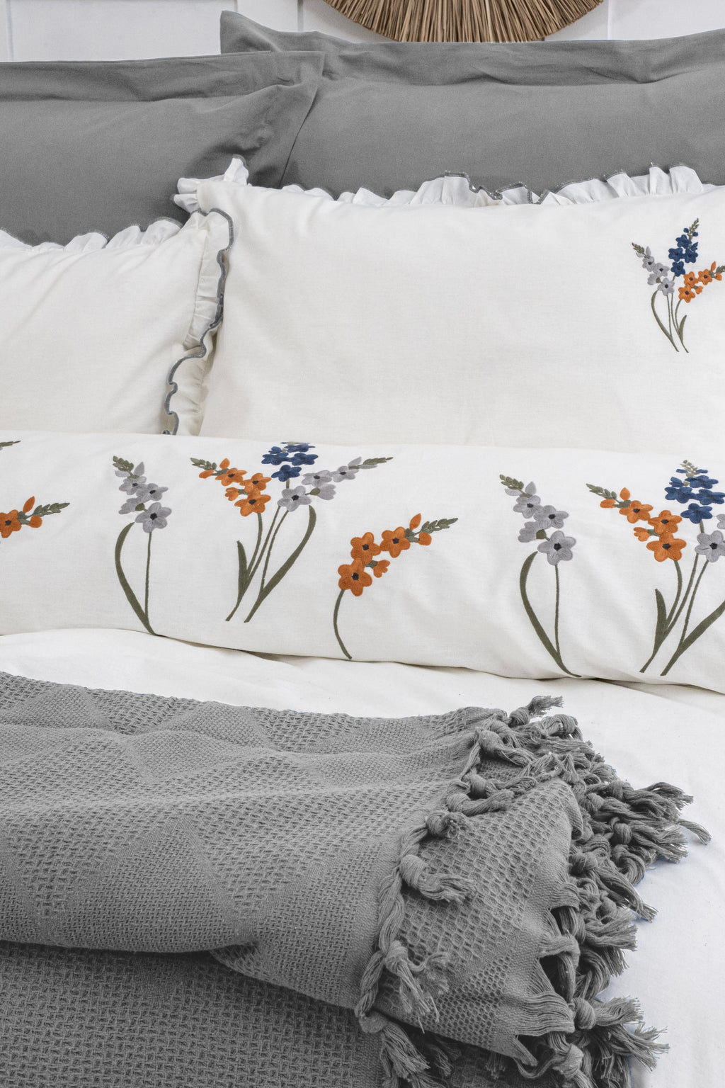 EVELINE Cotton Bedding Set with Bedcover / GREY