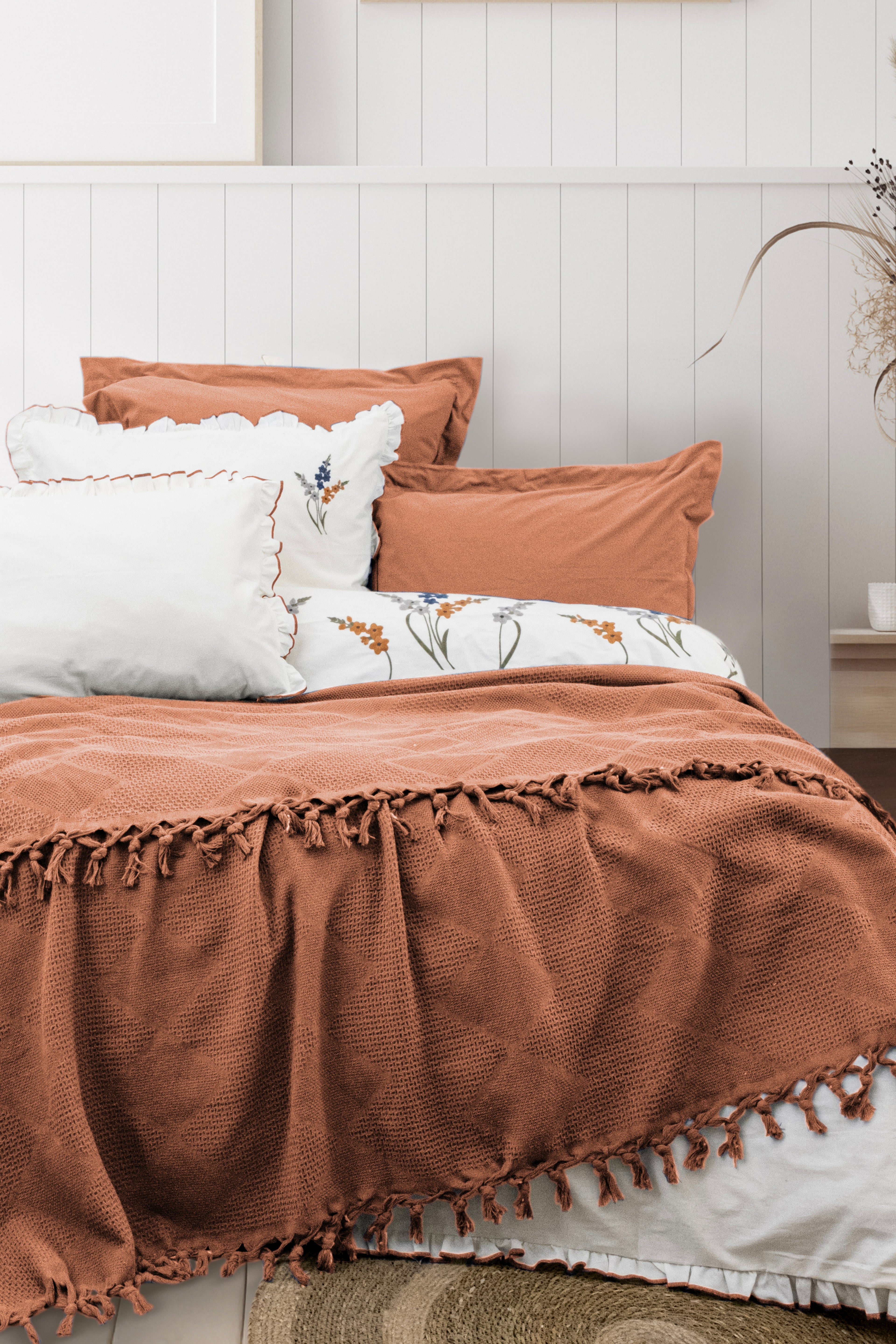 EVELINE Cotton Bedding Set with Bedcover / ORANGE